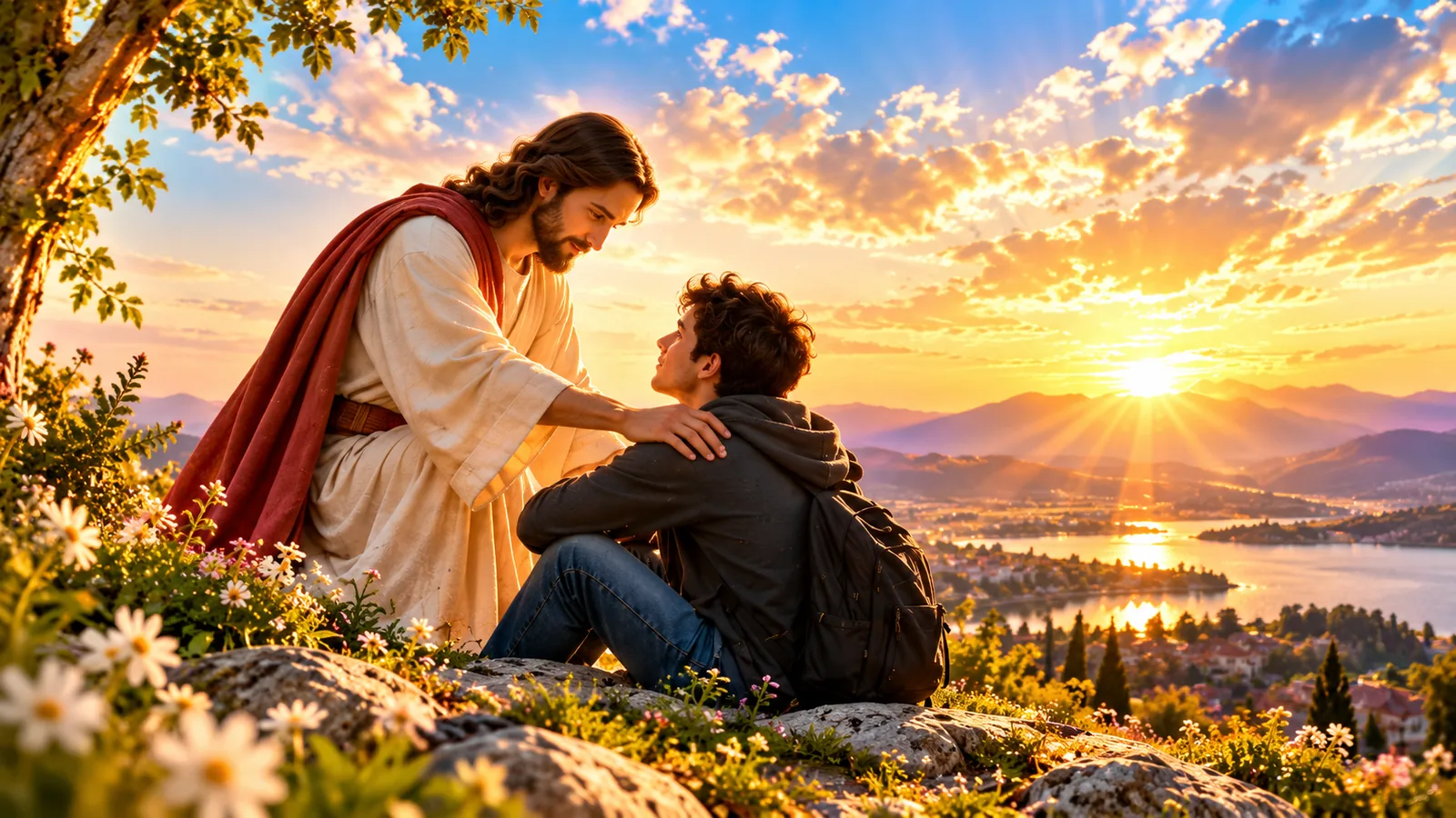 Jesús acompañando a una persona al atardecer